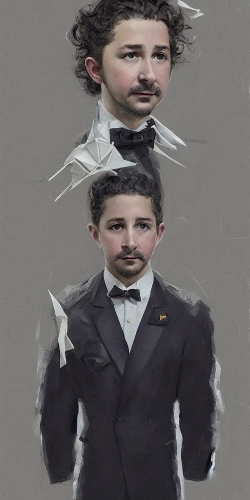 Image similar to a professional painting of Shia LaBeouf as a beautiful young prince, wearing an origami high fashion tuxedo, olive skin, buzzed short dark hair, beautiful bone structure, symmetrical facial features, intricate, elegant, digital painting, concept art, smooth, sharp focus, illustration, from Metal Gear, by Ruan Jia and Mandy Jurgens and Artgerm and William-Adolphe Bouguerea