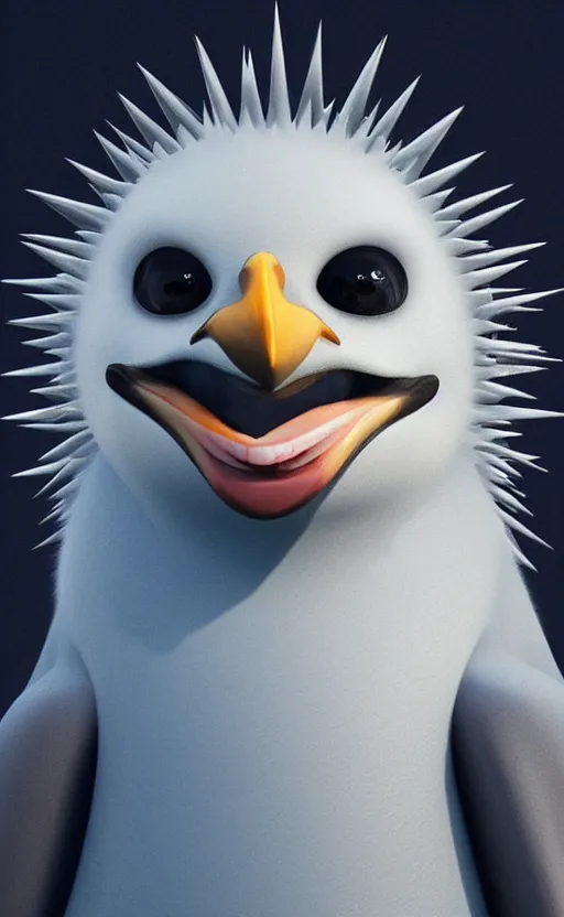 Prompt: big spiky penguin, huge teeth, digital art, artstation, HD 4k, cute penguin face, cinematic portrait