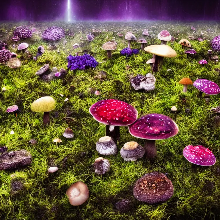 Image similar to a planet of various fungus, mushrooms, flowers and plants, inside the picture is infinity, Atmospheric, artistic photography, conceptual, long exposure outside the city, volumetric light