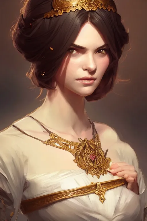 Image similar to beautiful female princess, portrait, short hair, d & d, fantasy, intricate, elegant, highly detailed, digital painting, artstation, concept art, matte, sharp focus, illustration, hearthstone, art by artgerm and greg rutkowski and alphonse mucha