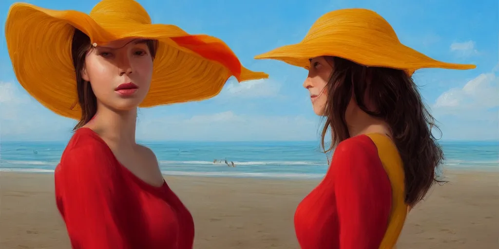 Image similar to beautiful oil matte portrait painting, young woman with red dress and mustard yellow summer hat at a beach on a sunny day, wonderful masterpiece highly detailed, beautiful cinematic light deep focus, elegant, digital painting, smooth, sharp focus, golden ratio, dramatic illumination, ultra realistic, 8 k, art by jimmy law