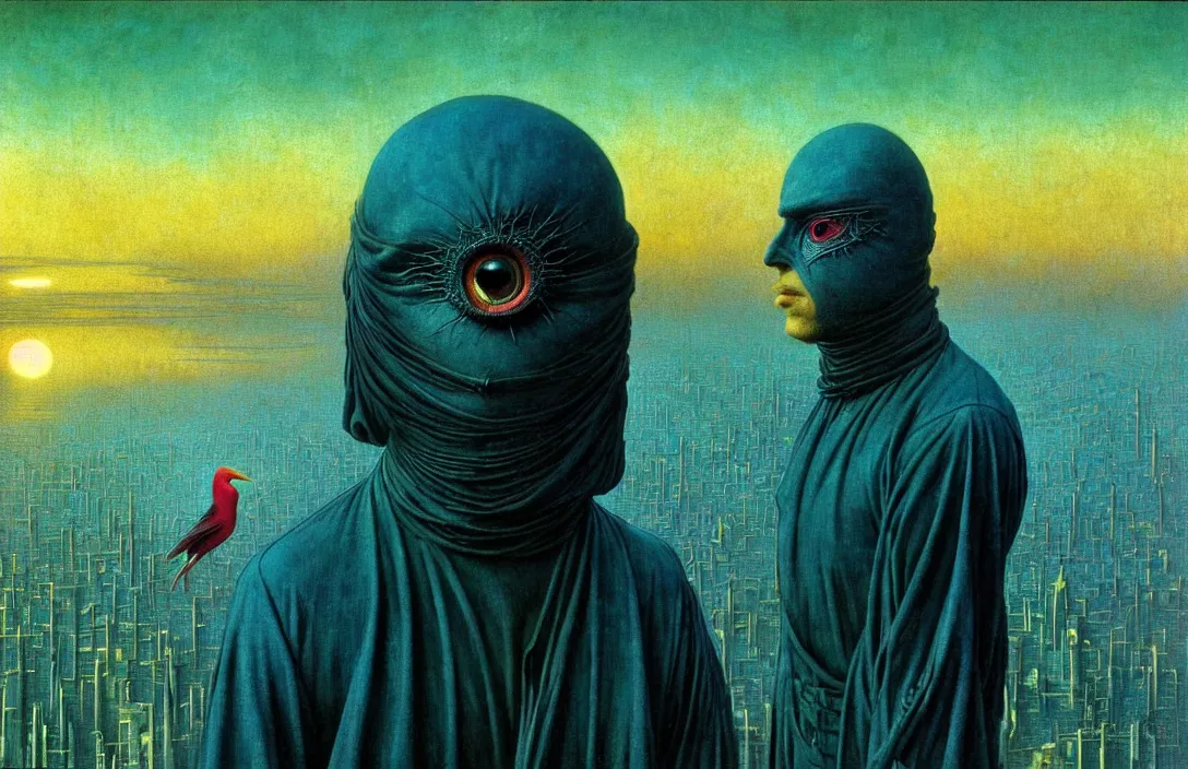 Image similar to realistic detailed portrait movie shot of a birdman in dark ragged robes, futuristic city sunset landscape background by denis villeneuve, amano, yves tanguy, alphonse mucha, ernst haeckel, max ernst, roger dean, masterpiece, rich moody colours, blue eyes, hyperdetailed