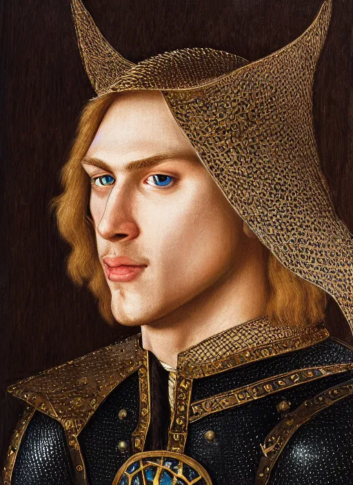 Prompt: oilpainting of a handsome young knight with a beautiful face and clear skin, long blond hair, wearing an engraved plate armor, no helmet, high resolution, clear image, digital art, studio photo, 4 k, clear lines, artstation, rendition by jan van eyck