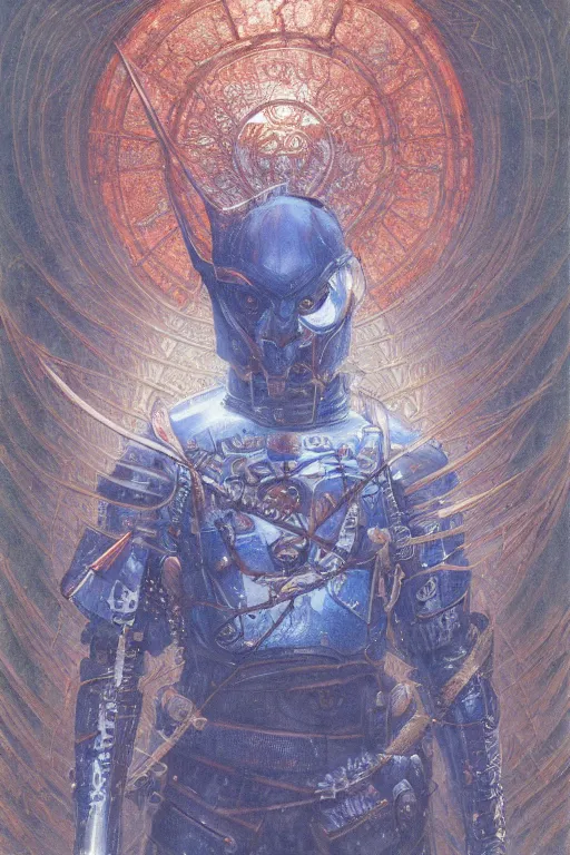 Image similar to portrait of beautiful young man, warhammer, japanic style, cyberpunk armor, a lot of scars, more and more flowers, blue head, the middle ages, highly detailed, artstation, illustration, art by jean delville, 8 k quality