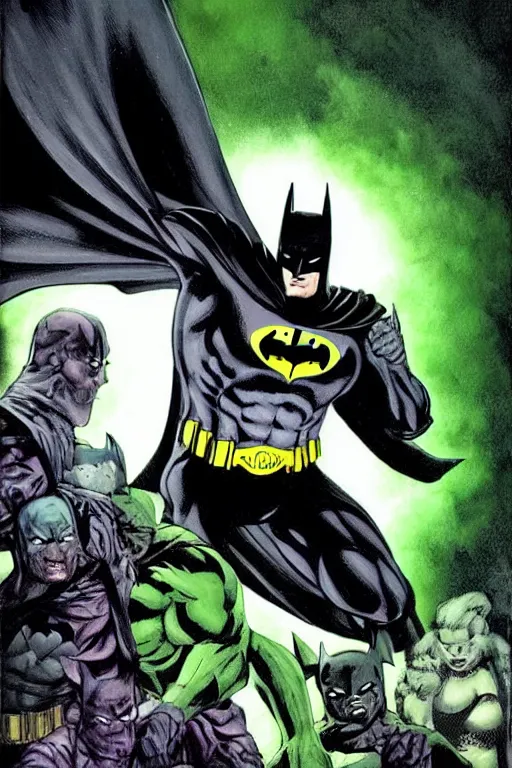 Prompt: angry batman, with dark ghost smokes around, green scary lights, illustration, jason fabok, jim lee, mark brooks, alex ross style, dark fantasy color scheme, cinematic, mysterious, artgem