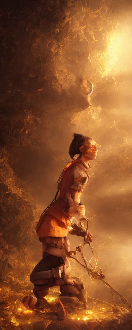 Prompt: Female treasure hunter discovers hoard of gold, magical, orange mist, large brown eyes, hyper realistic, digital art, octane render, trending on artstation, artstationHD, artstationHQ, unreal engine, 4k, 8k