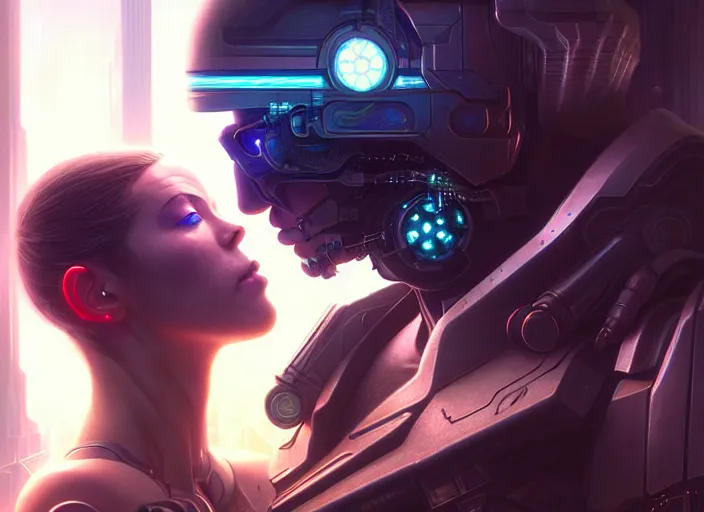 Image similar to cyberpunk, sci - fi, fantasyultra realistic medium shot of a couple of cyborgs kissing, lovers, artstation, soft light, volumetric lighting, night, intricate, highly detailed, digital painting, concept art, smooth, sharp focus, illustration, art by artgerm and greg rutkowski and alphonse mucha