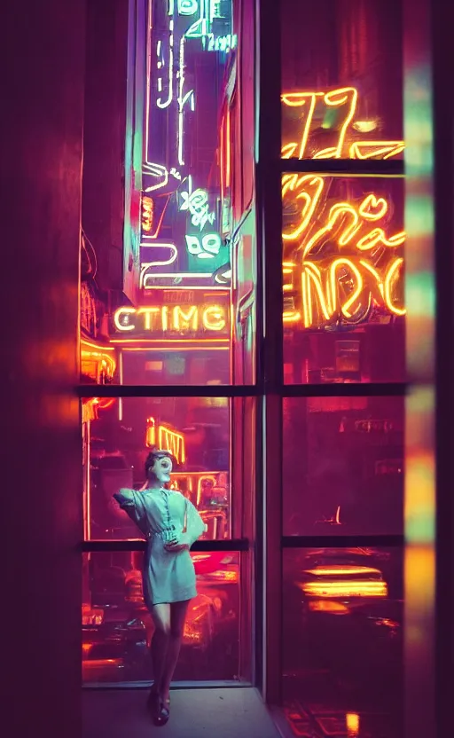 Prompt: vertical movie frame, girl in 5 0's retro restaurant, neon - decorated urban on night in the city seen through the window, modern architecture design, vintage, night, blade runner, dark, clean lines, asian futuristic city at distance, big windows, octane, wide angle