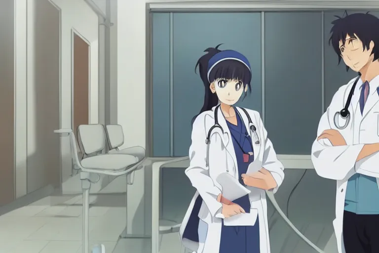 Image similar to a cute young female doctor wearing white coat are talking with an old surgeon in a hospital, slice of life anime, lighting, anime scenery by Makoto shinkai