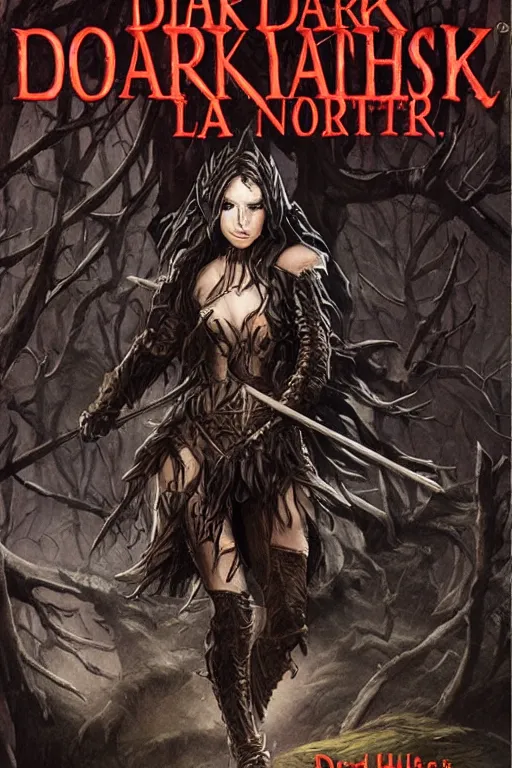 Image similar to dramatic dark forest scenery, girl with fangs in hide leather armor, D&D book-cover without text