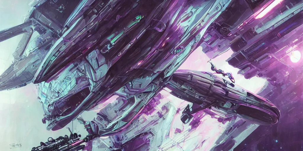 Image similar to spaceship in space, sci-fi, cyberpunk, by Stanley Artgerm, Travis Charest, Carne Griffiths, sleek, futuristic, alien, white, blue, purple, trending on artstation, detailed, intricate, steampunk