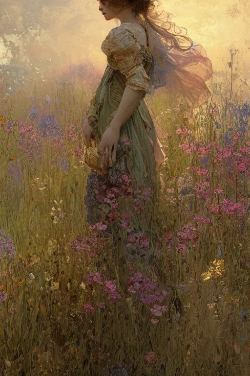 Image similar to an intricate artistic painting of a beautiful wallpaper art pattern made of elegant meadows with painterly motives and textures, hyper detailed, octane render, vivid colors, artstation, by jeremy mann, by alphonse mucha