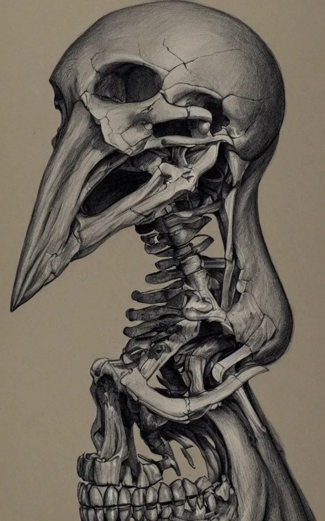 Image similar to portrait of a man with a skeletal beak, anatomical drawing, dynamic composition, dramatic lighting, hyperrealistic, ultra detailed