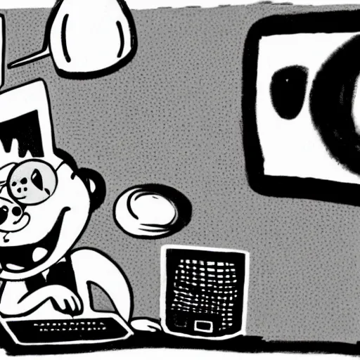 Prompt: a black and white photograph of a man destroying a computer, in the style of gary baseman, robert crumb, jim henson, photorealistic, surreal, high contrast, film photography