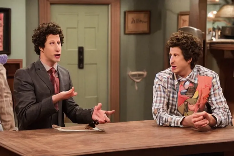 Image similar to a cinematic still SNL skit ((andy samberg)), dear sister