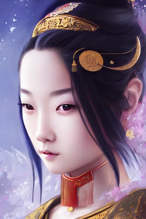 Image similar to a lovely and shiny young empress of qing dynasty, face by artgerm, ross tran, fuji choko, loish, 8 k resolution, attractive, symmetrical portrait, beautifully detailed landscape of ruin, trending on pixiv and pinterest, charming black eyes, luxury, perfect face, smooth, dreamlike