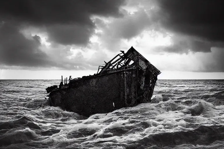 Prompt: high key lighting, lighting storm, danila tkachenko, shipwreck, photograph of an abandonet soviet building bloc in the middle of the ocean, big waves