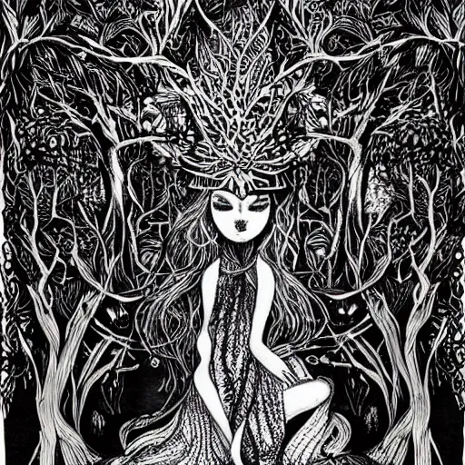 Prompt: goddess of the forest, ink drawing, black ink illustration, by a very talented artist, award winning, intricate detail, mysterious