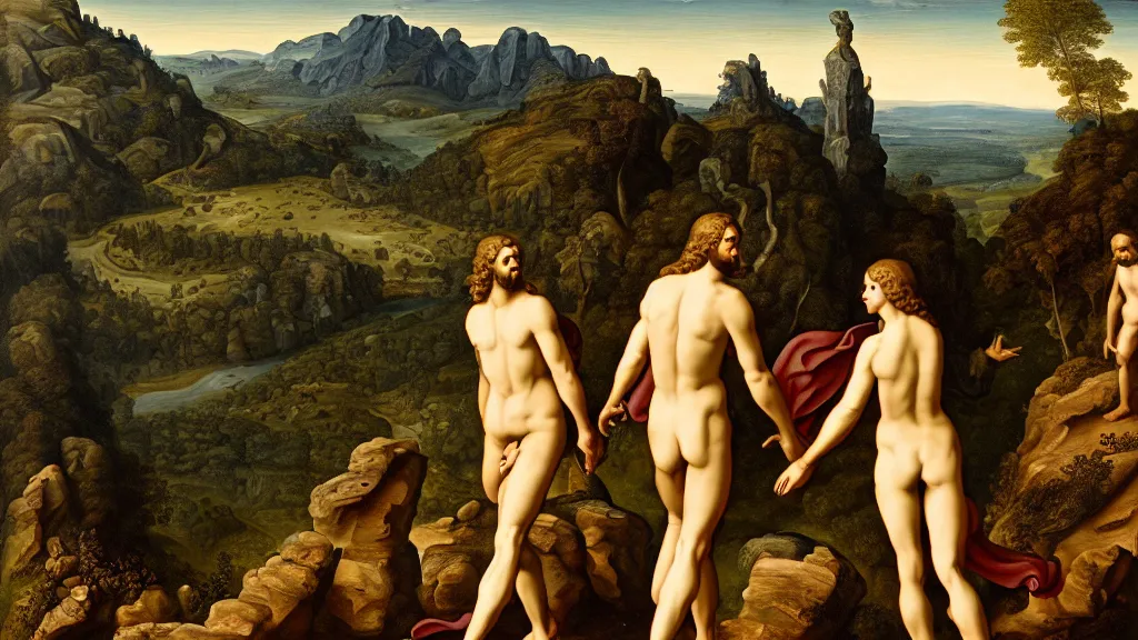 Image similar to Adam and eve going up the mountain, high detail, 8k, ornate, realistic, masterpiece, complex, wide angle, from a film Jodorowskys