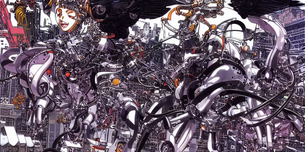 Prompt: mechanical baphomet, cables, virtual reality, AI, by Kazuma Kaneko, by Masamune Shirow, H 576