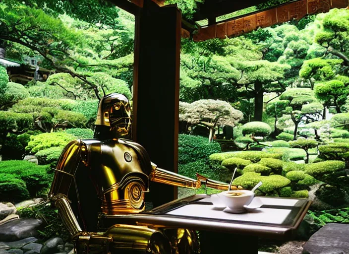 Image similar to C-3PO sitting at a bistro table in a lush japanese garden, still from star wars, shot on film, close up, depth of field, nature show, incredible detail, dramatic lighting