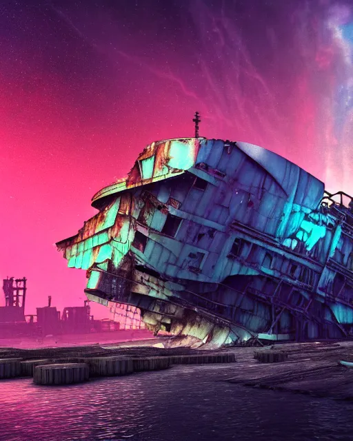 Prompt: a beautiful hyperdetailed render of shipwreck industrial architecture urbex by gordon bunshaft, at night synthwave tundra thermal vision nightsky galactic evil wilderness lake alien sci - fi futuristic gem dramatic lightning retrowave, archdaily, wallpaper, highly detailed, trending on artstation.