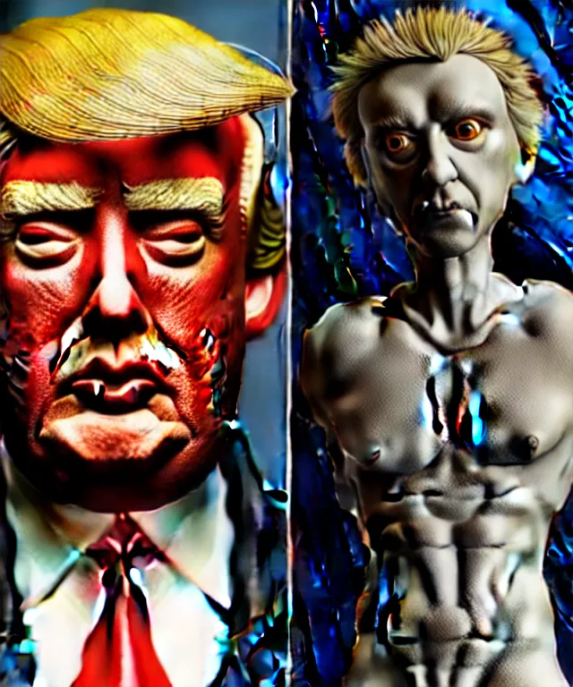 Image similar to hyperrealistic mixed media painting of Donald Trump as the doll from 'Saw', stunning 3d render inspired art by P. Craig Russell and Barry Windsor-Smith + perfect facial symmetry + dim volumetric lighting, ornate gothic armor, head and shoulders, d&d, arms crossed, serious expression, 8k octane beautifully detailed render, post-processing, extremely hyperdetailed, intricate, epic composition, grim yet sparkling atmosphere, cinematic lighting + masterpiece, trending on artstation, very very detailed, masterpiece, stunning