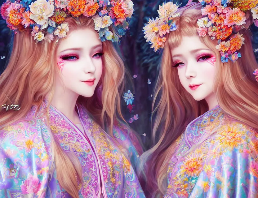 Image similar to two beautiful fashion siberian girls wear fantasy kimono in festival | | big eyes, sunny, dreamlike art, realistic shaded, smile, good looking, hyper details, 4 k realistic, cryengine, realistic shaded lighting poster by artgerm, ross tran, fuji choko, loish, 8 k resolution, trending on artstation, luxury