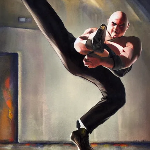 Prompt: agent 4 7 dropkicks man off top of wrestling cell, realist painting