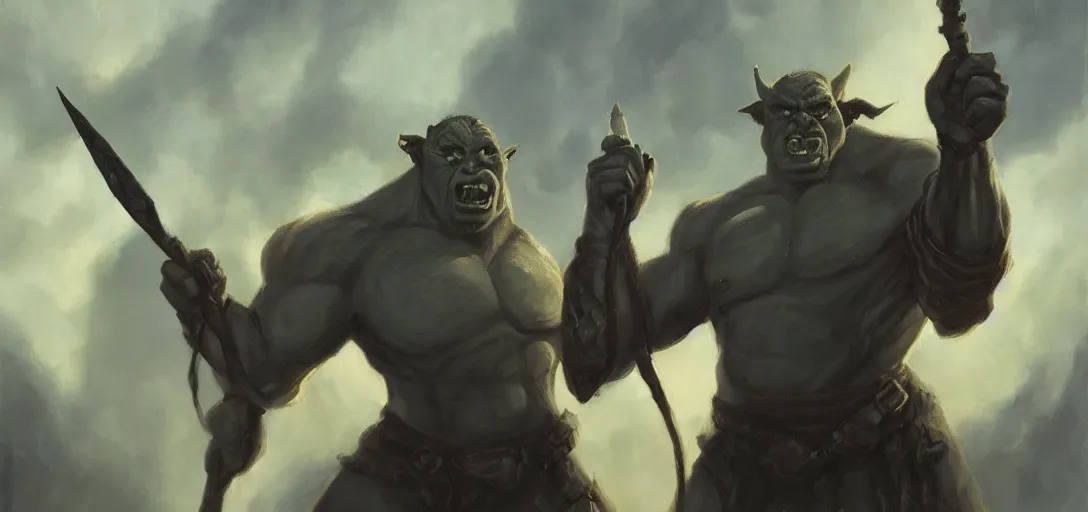 Image similar to A big male babarian orc with a tiny wand in his slightly raise hand, cinematic, dramatic light, oil on canvas, concept art, artatation