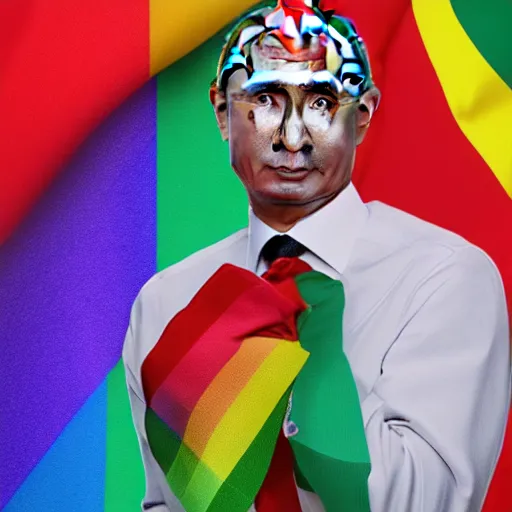 Image similar to Vladimir Putin wearing rainbow suit, Gay pride, rainbow flags, Professional Photography, Photorealistic