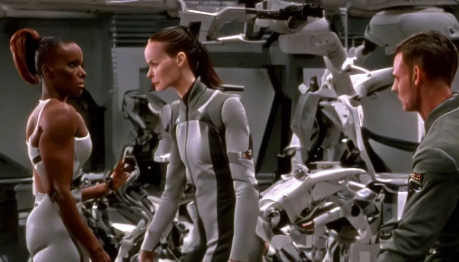 Image similar to The matrix, LeeLoo, Starship Troopers, Olivia Pope, 1960's Olympics footage, Sprinter athletes recovering from a race, tuning their mechanical legs with mechanics helping, intense moment, cinematic stillframe, backlit, The fifth element, vintage robotics, formula 1, starring Geena Davis, clean lighting