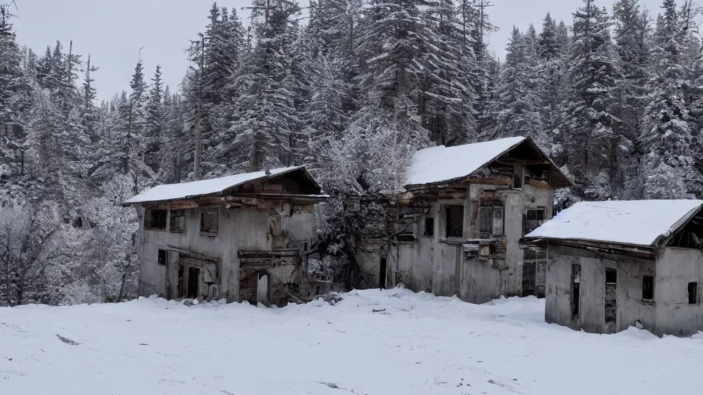 Image similar to beautiful Nier Automata landscape at an abandonned ski station, near a chairlift, winter