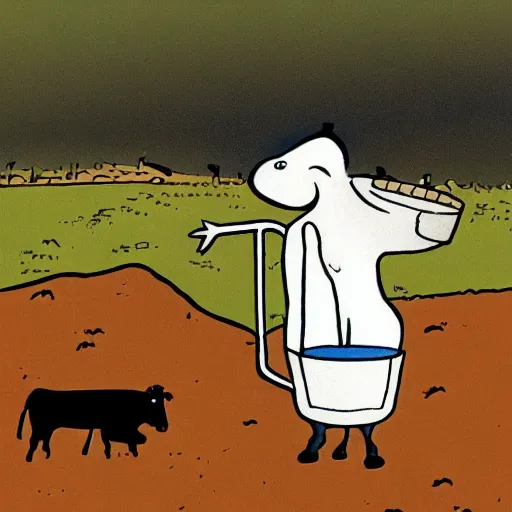 Image similar to a cow points at a bucket, illustrated by gary larson