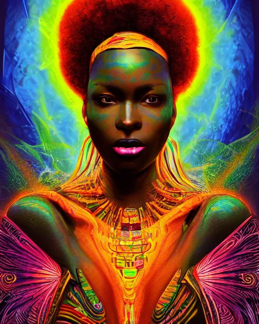 Prompt: a powerful energy psychedelic matrix african woman, by alexander fedosav, hyper detailed digital matte painting, concept art, hyperrealism, 1 6 k resolution, cinema 4 d, 8 k resolution, trending on artstation, behance hd, a masterpiece, by stephan martiniere, particles, cel - shaded, power bright neon energy, by david a. hardy,