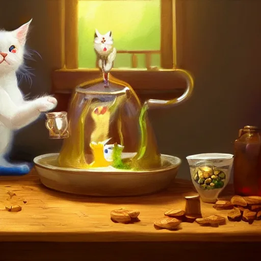 Image similar to a painting of cute cat brewing a magic potion at the table, hyper realistic, very detailed, trending on artstation