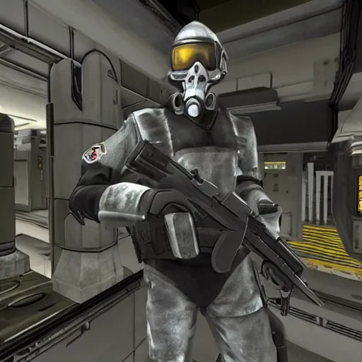 Prompt: Metrocop from Half-Life 1, armed with a USP pistol