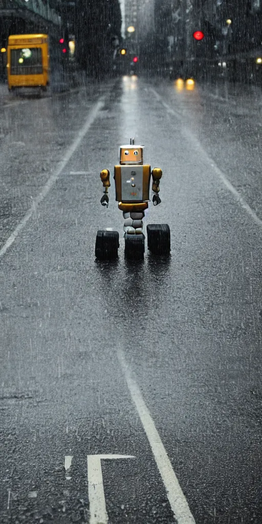 Image similar to robot on the road, city, photo, rain,