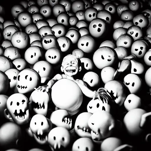 Prompt: A horrifying monster lurking in a children's ball pit, high-contrast lighting