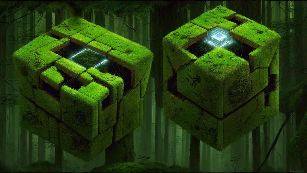 Prompt: a hube alien cube with a strange texture from nanotechnology, forgotten and overgrown with moss, lost in the forest, detailed digital art by greg rutkowski.