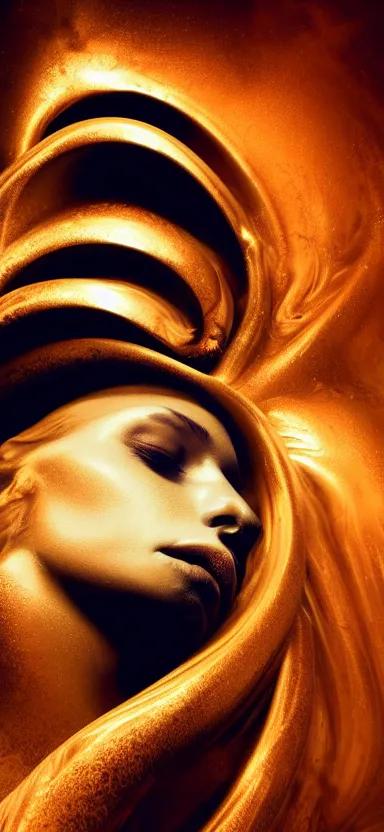 Prompt: epicillustration, abstract sculpture of beautiful female face and black swirling liquifying acrylic portrait, fluffy clouds, glowing edges, golden hour, beautiful light, 3 d sculpture of carving marble, dark colors, dark mood, one point light, golden spirals, clockwork, epic matte painting, concept art, digital painting