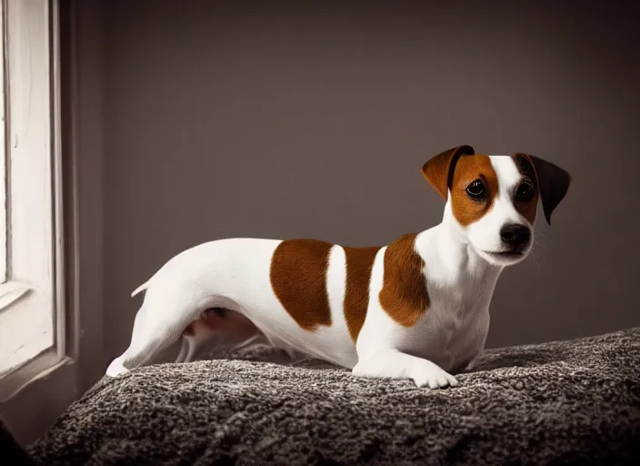 Image similar to photography of a Jack Russel . watching outside the window. on a bed. in a vintage room full of vinyls and posters.,volumetric light, photorealistic,, award winning photo, 100mm, sharp, high res