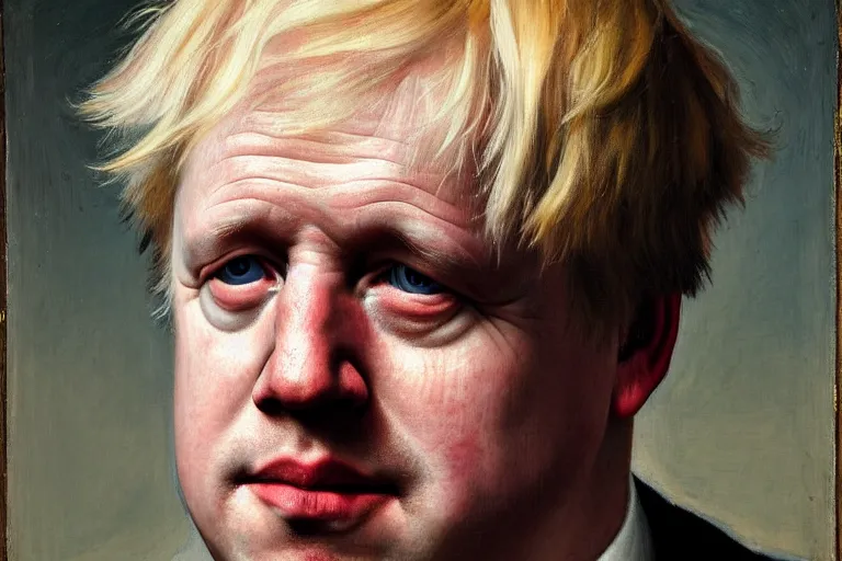 Prompt: a single portrait of Boris Johnson, by Rogier van der Weyden, facing front, oil painting, a single tear runs down the face, anatomically correct, beautiful perfect face, sharp focus, Highly Detailed, Cinematic Lighting, 8k, HD