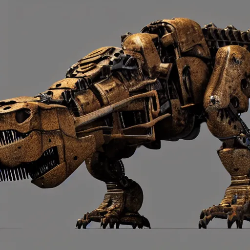 Image similar to a t-rex with rusty metal gears place on its articulations, the gears match the articulation, octane render, 3D