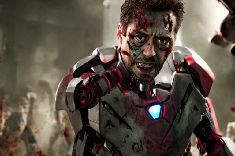 Image similar to film still of zombie zombie Tony Stark as a zombie in new avengers movie, 4k