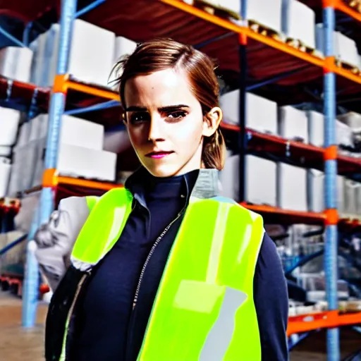 Prompt: photo, close up, emma watson in a hi vis vest, in warehouse, android cameraphone, snapchat story, 2 6 mm,