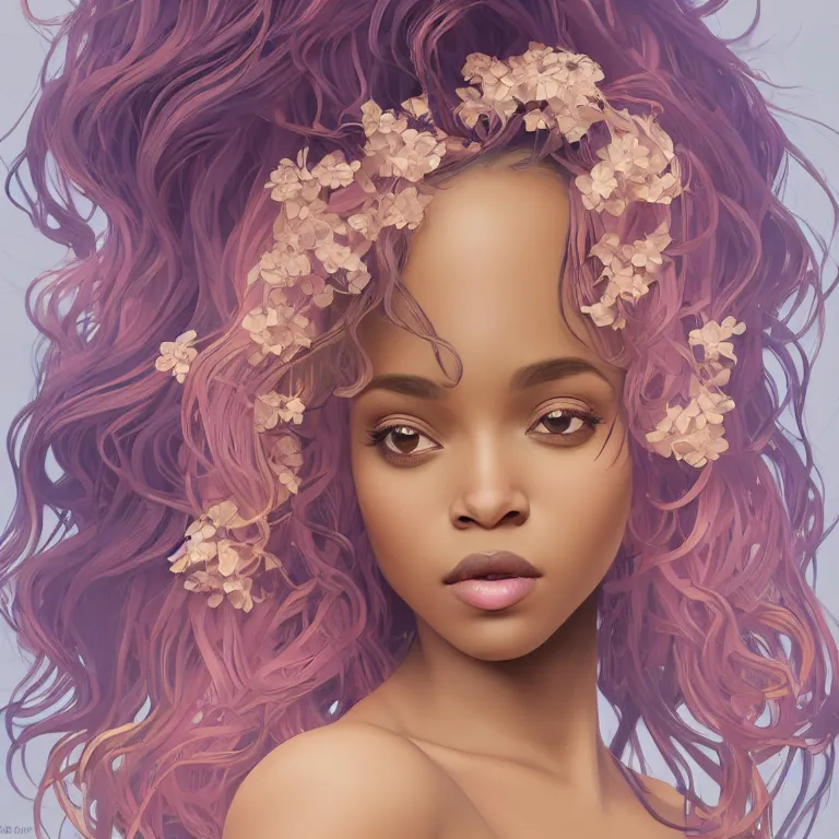 Image similar to beautiful black woman with gorgeous pastel balayage hairstyle, as seen on artgerm, octane render, in the style of alphonse mucha, ultra realistic, highly detailed, 8 k