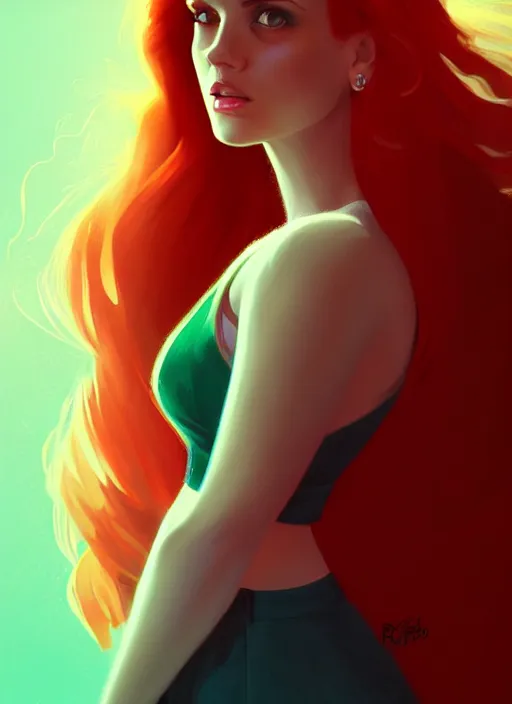 Image similar to full body portrait of teenage cheryl blossom, bangs, green eyes, mischievous expression, red hair, sultry smirk, bangs and wavy hair, intricate, elegant, glowing lights, highly detailed, digital painting, artstation, concept art, smooth, sharp focus, illustration, art by wlop, mars ravelo and greg rutkowski