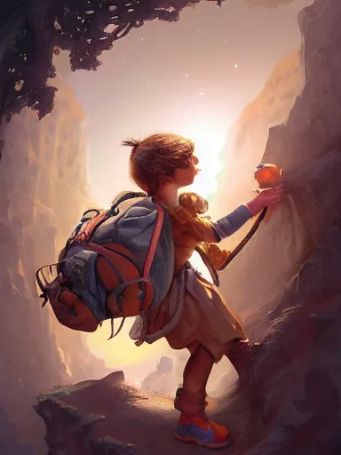 Prompt: a tinker carrying a giant backpack, full of trinkets and hanging stuff. intricate, elegant, highly detailed, digital painting, artstation, concept art, sharp focus, illustration, by justin gerard and artgerm, 8 k