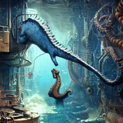 Image similar to a seafloor view of a seahorse swimming on the street corner of the steampunk city of Atlantis by Cedric Peyravernay, highly detailed, full view of seahorse, excellent composition, cinematic concept art, dramatic lighting, trending on ArtStation